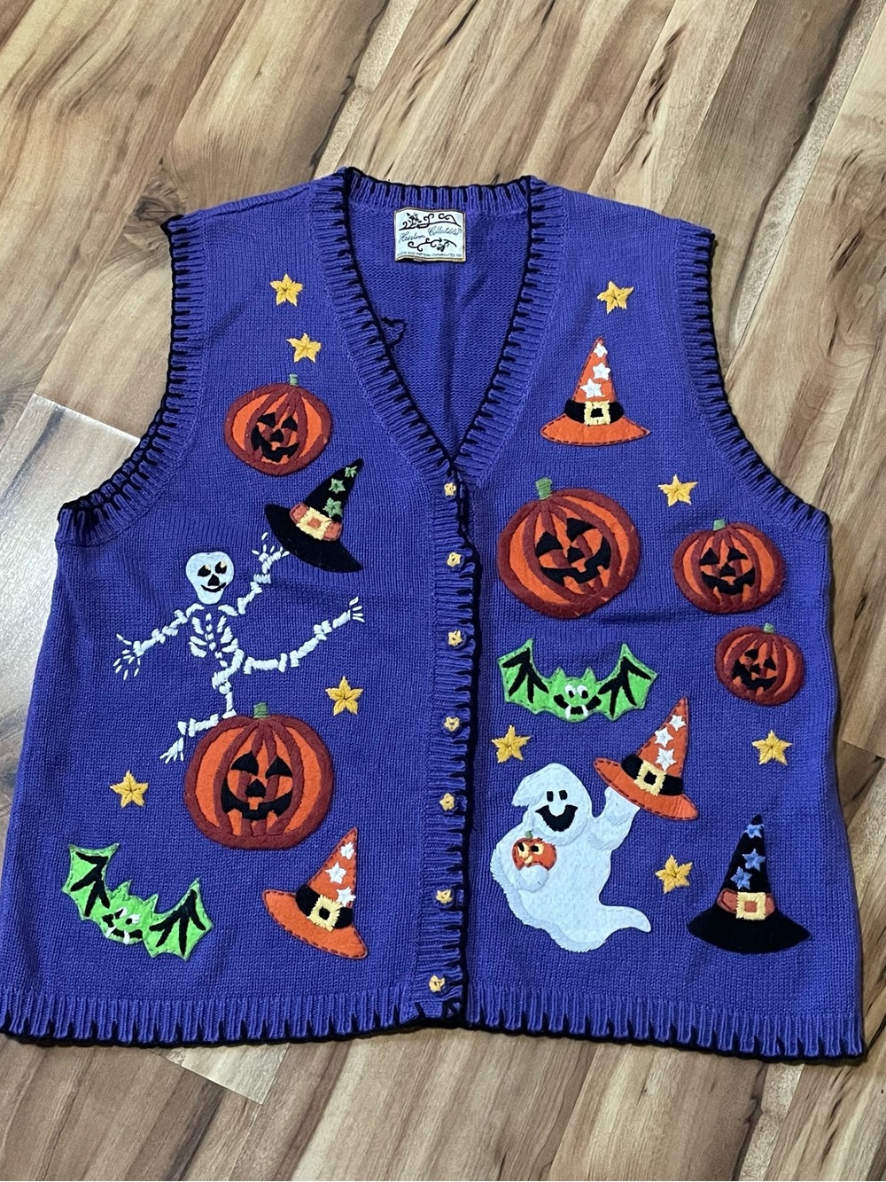 Heirloom Collectibles VTG 2001 Halloween Sweater Vest Purple Knit Skeleton XL